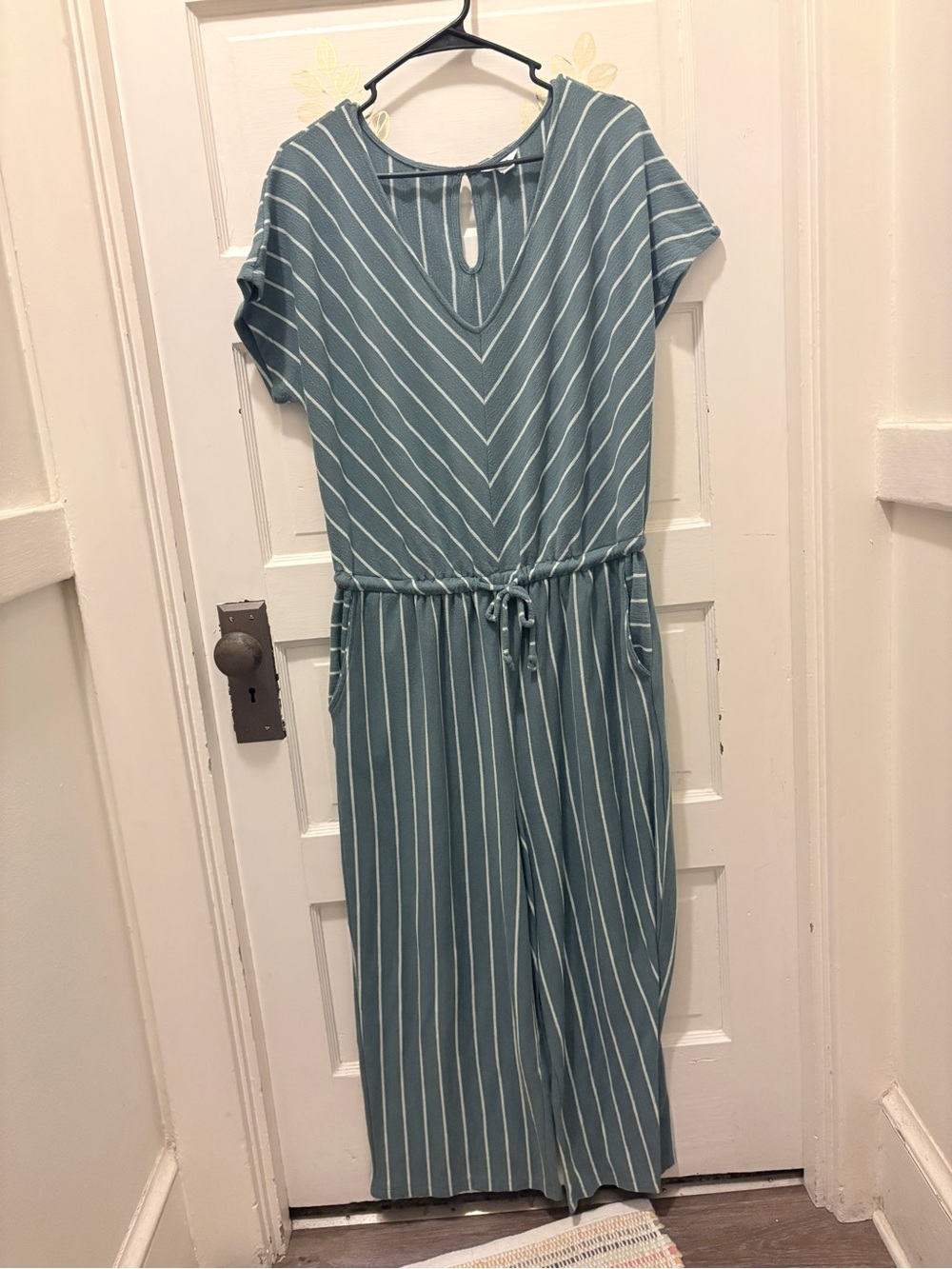 Sonoma Teal & White Striped Short-Sleeve Jumpsuit